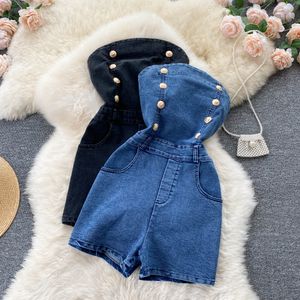 Sommer Vintage Denim Kurzen Romper Frauen Elegante Ärmel Bodycon Backless Sexy Club Strampler playsuits Body Frau 2022