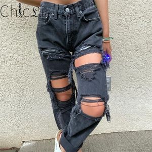 Chiclily Fashion Loose Destroured Hole Denim JeansカジュアルヴィンテージワイドレッグパンツズボンFall Women 210302