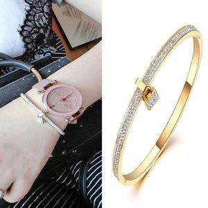 Golden Stainless Steel Open Bangle Bracelet For Women Crystal Lock Hand Jewellery Accessories Zirconia Fashion Jewelry Titanium Couple Luxury Designer