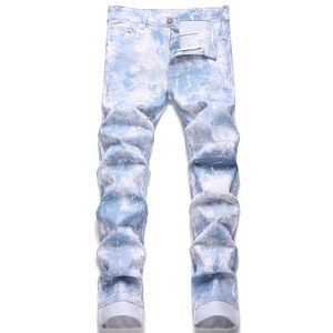 Light Blue Men's Stretch Print Jeans Summer Street Cotton Denim Pants Mid Waist Fashion Casual Trousers Vaqueros de hombre