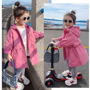 2022新しい春の秋のファッションロングスタイルの女の子ジャケットフード付きスウェットシャツ子供のための屋外ウィンドブレーカーアウターウェアJ220718