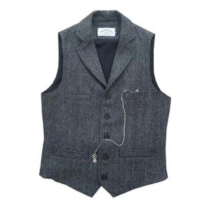 Men's Vests Suit Vest Dark Gray Tailored Collar Herringbone Wool Tweed Men Clothing For Wedding Formal Groomsmen Groom Costumes 2022