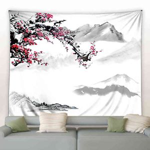 Chinese Landscape Painting Hanging Wall Rugs Mountain Old Building Flower Bedroom Decor Blanket Cloth Curtain J220804