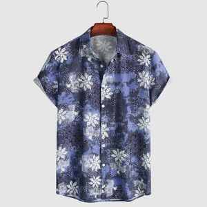 Męskie polo letnie oddychające hawajskie koszule mężczyźni Niebieski kwiatowy nadruk krótkie guziki w dół wakacje bawełniana i lniana koszula chemise homme