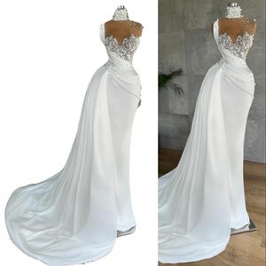 2022 Sexy Simple Mermaid Wedding Dresses High Neck Sleeveless Lace Appliques Pearls Crystal Sheer Sweep Train Backless Plus Size Bridal Gowns