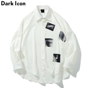 暗いアイコンプリント特大のシャツ男性夏のターンダウンカラーのシャツ220401のための3四半期のスリーブ