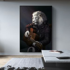 Pittura di arte animale Stampa su tela Wall Art Leone gentiluomo che suona la chitarra Immagine per soggiorno Quadros Home Decor