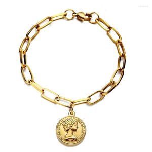 Charm Bracelets Stainless Steel Paper Clip Chain Queen Avatar Coin For Women Girls Round Disc Trendy Jewelry Rodn22