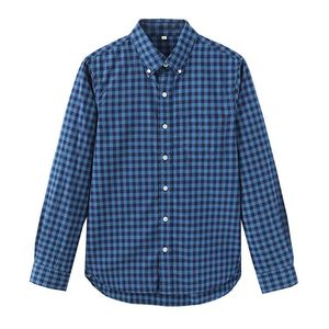 Mäns casual skjortor Spring Autumn Men Simple Loose All-Match Japan Style Plaid Blue Bekväm andningsbara vatten tvättade bomullsskjortor/blus