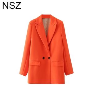 NSZ Women's Orange Blazer Double Breasted Office Suit Jacka Kvinna Oversize Elegant Chic Work Stor Storlek Coat Outfit Spring 220402