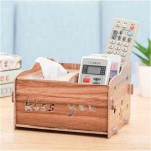 Creative Living Room Simple Tissue Box Multi function Wooden Napkin Paper Towel Holder Tissue Dispenser Desktop Debris Organizer 210326