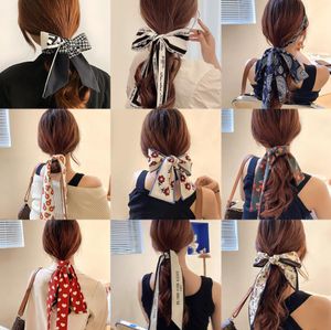 Korea Long Ribbon Pearls Hair Bands Headbands Bow Hairs Scrunchies För Kvinnor Flickor Sommar Blommor Skriv ut Pontail Slipsar Hårtillbehör 19 stilar