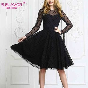 S Flavor Fashion Mesh Patchwork Dot Print Press New O Sex Sexy Party vestidos Женщины с длинным рукавом лето a Line Midi платье 210325