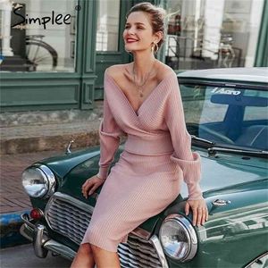 Sexy v neck women knitted skirt suits Autumn winter batwing sleeve 2 pieces Elegant party female sweater pink dress 210322