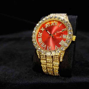 MISSFOX Numeri Romani Orologio da Uomo Quadrante Rosso Grande Diamnd Lunetta Uomo Orologio in Oro Stainls Acciaio Moda di Lusso Orologio al Quarzo da Uomo82EZ