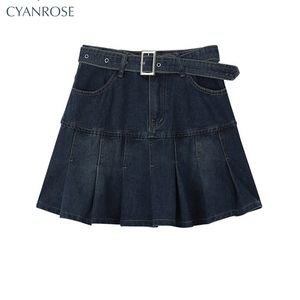 Y2k High Waist Denim Mini Pleated Skirts With Belt Women Summer Fashion Retro A Line Skirt Korean Ins Female Casual Skirts 220617