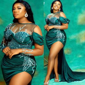 2022 Plus Size Arabic Aso Ebi Hunter Green Mermaid Prom Dresses Beaded Sequins Evening Formal Party Second Reception Birthday Engagement Bridesmaid Gowns Dress ZJ3