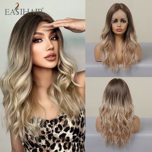 LX Brand Lace Front Synthetic Wig Long Wavy Brown Blonde Ombre Natural Hair Wig for Women Cosplay Lace Frontal Wig High Densityfactory direc