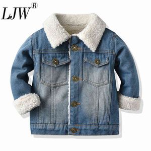 新しい男の子と子供冬の服冬の男性と女性の赤ちゃんプラスベルベットデニムジャケット温かい長袖太い短いジャケットJ220718