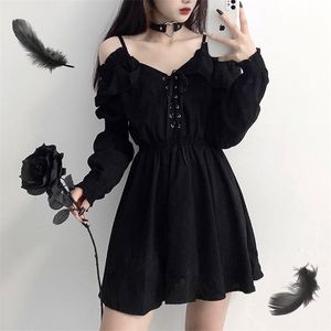 Frauen Kleid Plus Größe 4XL Lace Up Schwarz Herbst Sexy Hohe Taille Femme Kleider Off Schulter Langarm Gothic Kleidung 220624