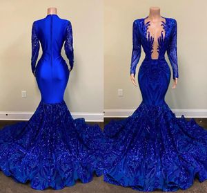 Royal Blue Mermaid Evening Dresses Real Image Långärmad Sparkly Sequins Applique Trumpet African Black Girls Prom Gala Grows