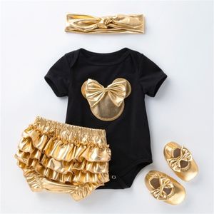 Born Baby Girl Kleidung Set Born Outfit Mädchen Born Baby Kleidung Kopfband Schuh Strampler Shorts / Sets Mode Gold LJ201221