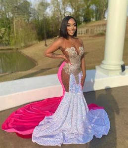 Luxury Sparkly Mermaid Prom Dress 2022 For Black Girls Sheer Neck Sequins Bead Rhinestone Aso Ebi Party Evening Gown Robe De Bal