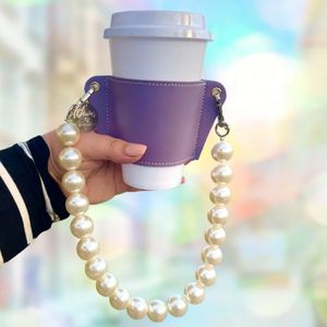 Fast ship Elegant Portable Coffee Cup Holder Reusable Drinkware Gift White Pearl Decorative Handle PU Leather Cup Sleeve