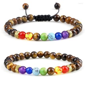 Pärlsträngar ankomst 6mm 7 chakra armband par naturliga runda lava tiger ögon sten pärlor armband kvinnor läker armband smycken present fa