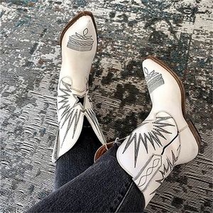 Vinapobo New Brand Embroidered Western Cowboy Boots for Women Square Med Heels Pointy Toe High Quality Knee High Boot Women Shoe 201103