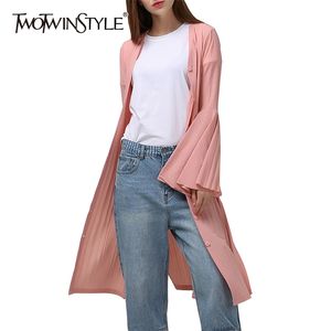 TWOTWINSTYLE Elegant Side Split Coat For Women V Neck Flare Long Sleeve Solid Mid Coats Female Fashionable Spring Stylish 210517