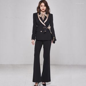 Pant Suit Women Women Office Lady Hit Color Black Work Jacket Casat and Flare 2 Peças Conjunto de duas calças femininas