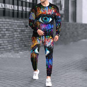 Men's Tracksuits Est Men's Sweatpants Sets Trend Man Clothing T Shirt Long Sleeved Pullover Scary Eyes 3D Casual Male Trouser Tracksuits