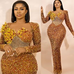2022 Plus Size Arabic Aso Ebi Gold Sparkly Sheath Prom Dresses Beaded Sheer Neck Evening Formal Party Second Reception Birthday Engagement Gowns Dress ZJ477