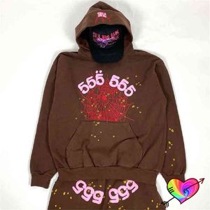 2024 Digital Foam Print Hoodie Men Women Brown Young Thug Hoodie Hooded Cobweb Sweatshirts Pullovers T220802