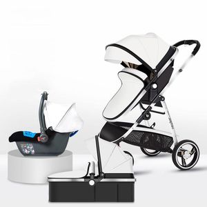 Stroller Parts & Accessories Baby 3 In 1 White PU Leather Carriage With Car Seat High Landscape Luxury Born FoldableStroller