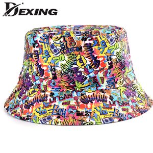 Wiosenne letnie kreskówki Graffiti Bucket Hap dla kobiet mężczyzn na świeżym powietrzu Bob Fisherman Hat Girls Boys Panama Sun Hat 220506