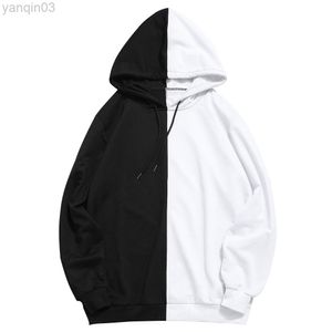 Män våren långärmad tröjor mode halvsvart halva vita coola hoodies män lapptäcke bomull tröja manlig hoody toppduk l220801