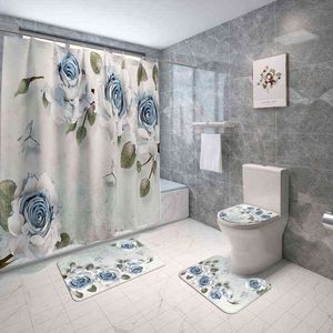 Floral Printed Rugs for Bathroom Non Slip Bath Mat Shower Carpet and Waterproof Shower Curtain Water Absorbent Bathrooms Rug L220627 on Sale