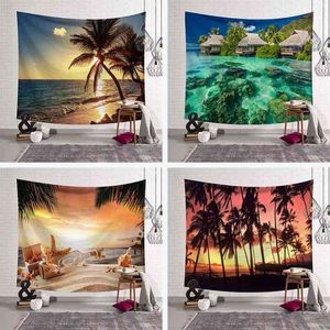 Tropiska palmblad Tapestry Seaside Sunset Landscape Wall Carpet Mat Boho Decor Home J220804