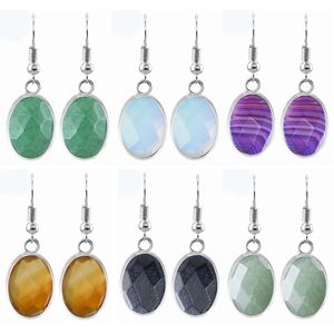 Women Dangle Ellipse Gemstone Earrings Natural Faceted Oval Stone Drop Dangling Healing Chakra Quartz Crystal Spiritual Energy Reiki Balancing Ear Jewelry