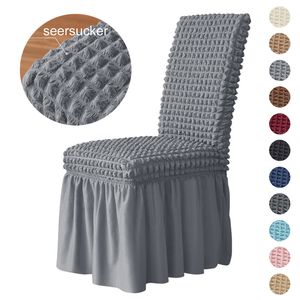 3D Seersucker Chair Cover Long Skirt Chair Covers for Dining Room Wedding el Banquet Stretch Spandex Home Decor High Back 220512