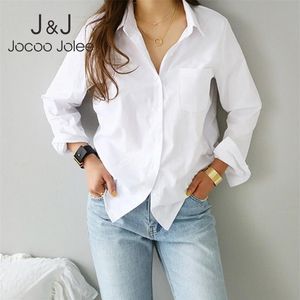 Jocoo jolee kadınlar sonbahar uzun kollu beyaz gömlek rahat yakalı yaka gevşek bluz ve üstleri ofis bayan bluses kadın blusas 210401