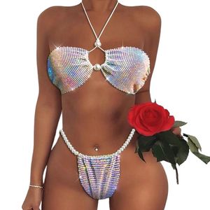 Women's Swimwear Women Sexy Halter Thong Bikini With Luxury Rhinestone Pearls 2 Piece Triangle Swimsuits For Swimming Wading SportWomen's