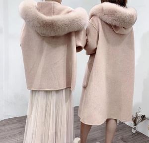 Women's Wool & Blends 2022 Pink Real Fur Coat Winter Jacket Women Natural Collar Hood Cashmere Woolen Overcoat Ladies Casual Outerwear Bery2