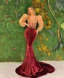 Exquisite Red Velvet Mermaid Evening Dresses Puffy Long Sleeves Prom Dresses Crystals Sequined Celebrity Women Formal Party Pageant Gowns