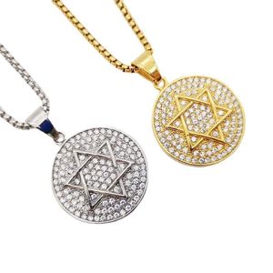 Anhänger Halsketten Bling Voller Strass Davidstern Runde Medaille Halskette Edelstahl Herren Hip Hop Rock HalsketteAnhänger HalskettenPenda