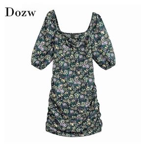 Boho Styles Floral Print Mini Dress Lantern Half Sleeve Bodycon Beach Dress Back Zipper Backless Holiday Dress Summer Robe Femme 210414