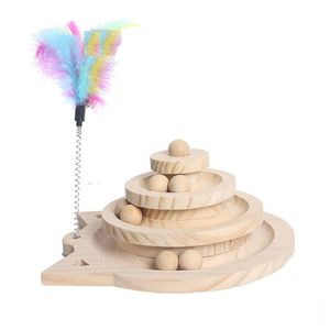 Trä 2/3 nivåer Pet Cat Toy Tower spårar Disc Cat Intelligence Amusement Triple Play Disc Cat Toys Ball Training Toys 220510