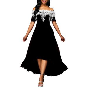 Plus Size Party Lace Patchwork Off Shoulder Short Sleeve Women High Low Dress One-shoulder lace stitching irregular dress L220705